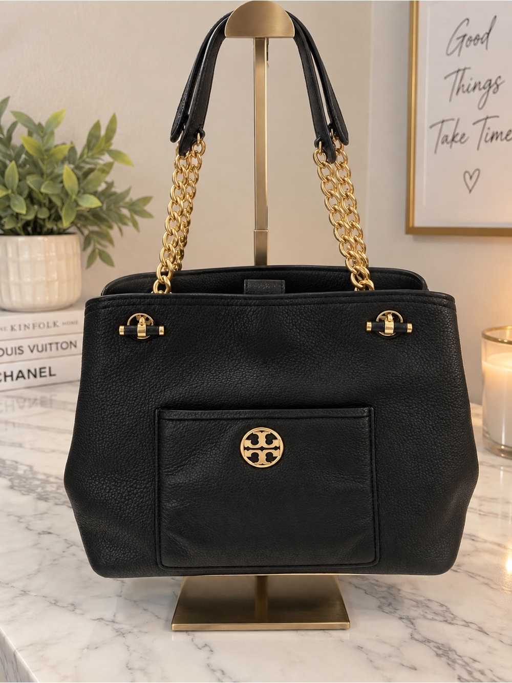 Tory Burch Black Pebbled Leather Chain Handle Tote Bag